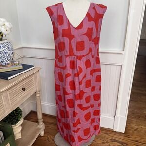 FOIL Pink Red Abstract Geometric 100% Linen V-Neck Sleeveless Midi Dress Size 4